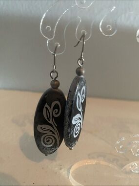 Handcrafted Black and White Swirl Dangle Surfboard Earrings